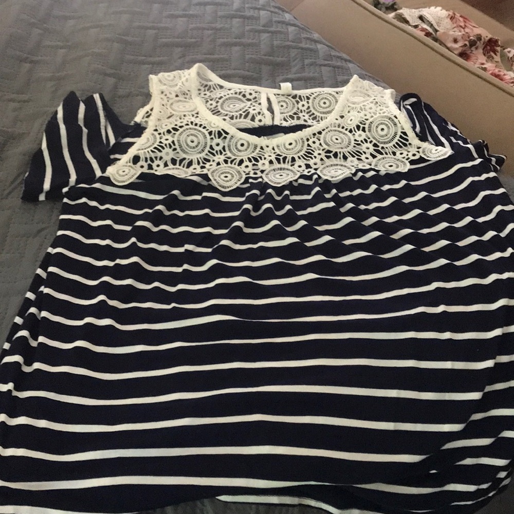 Navy Blue and white striped shirt lace at the top